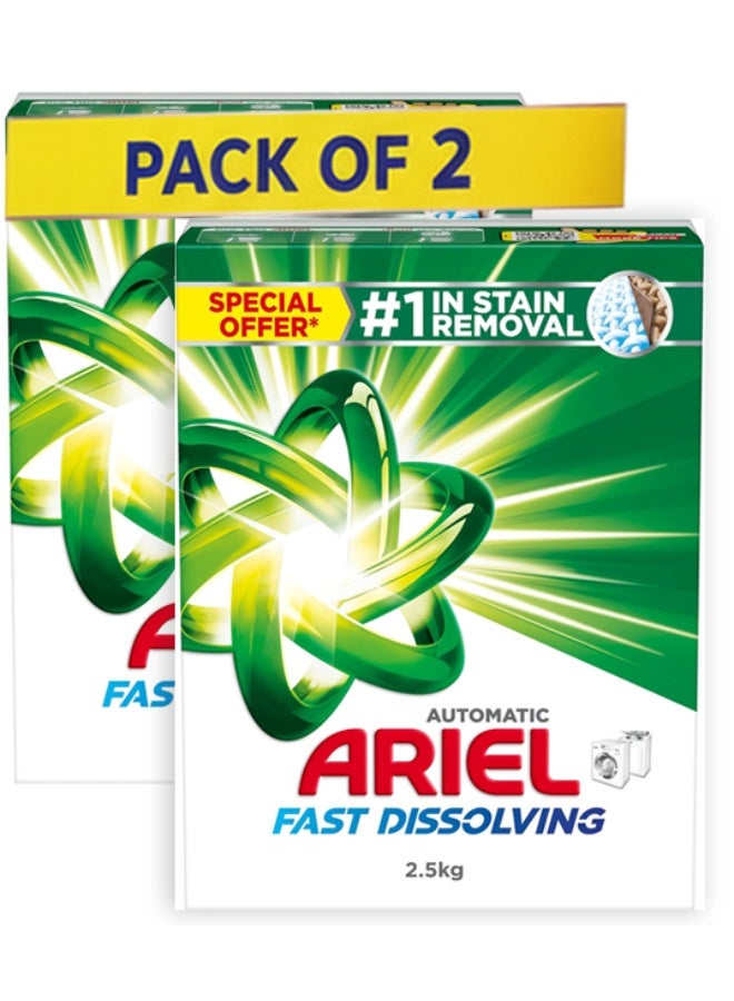 Ariel Fast Dissolving Laundry Detergent Powder, 2.5 KG × 2 – Unscented, Deep Stain Removal, Fragrance-Free, For All Fabrics - Image 1